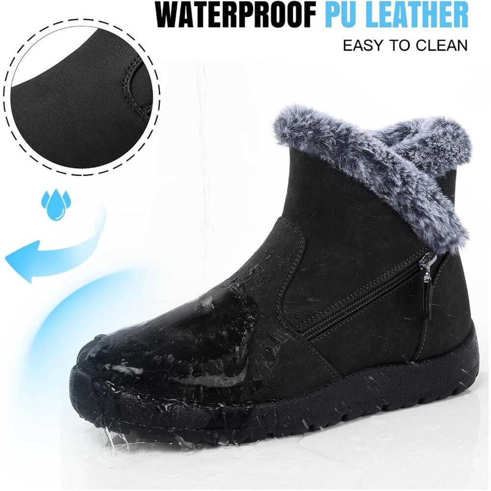 Women's Waterproof Snow Boot Warm Ankle Fur Lined Booties Insulated Shoes Black - Picture 4 of 6
